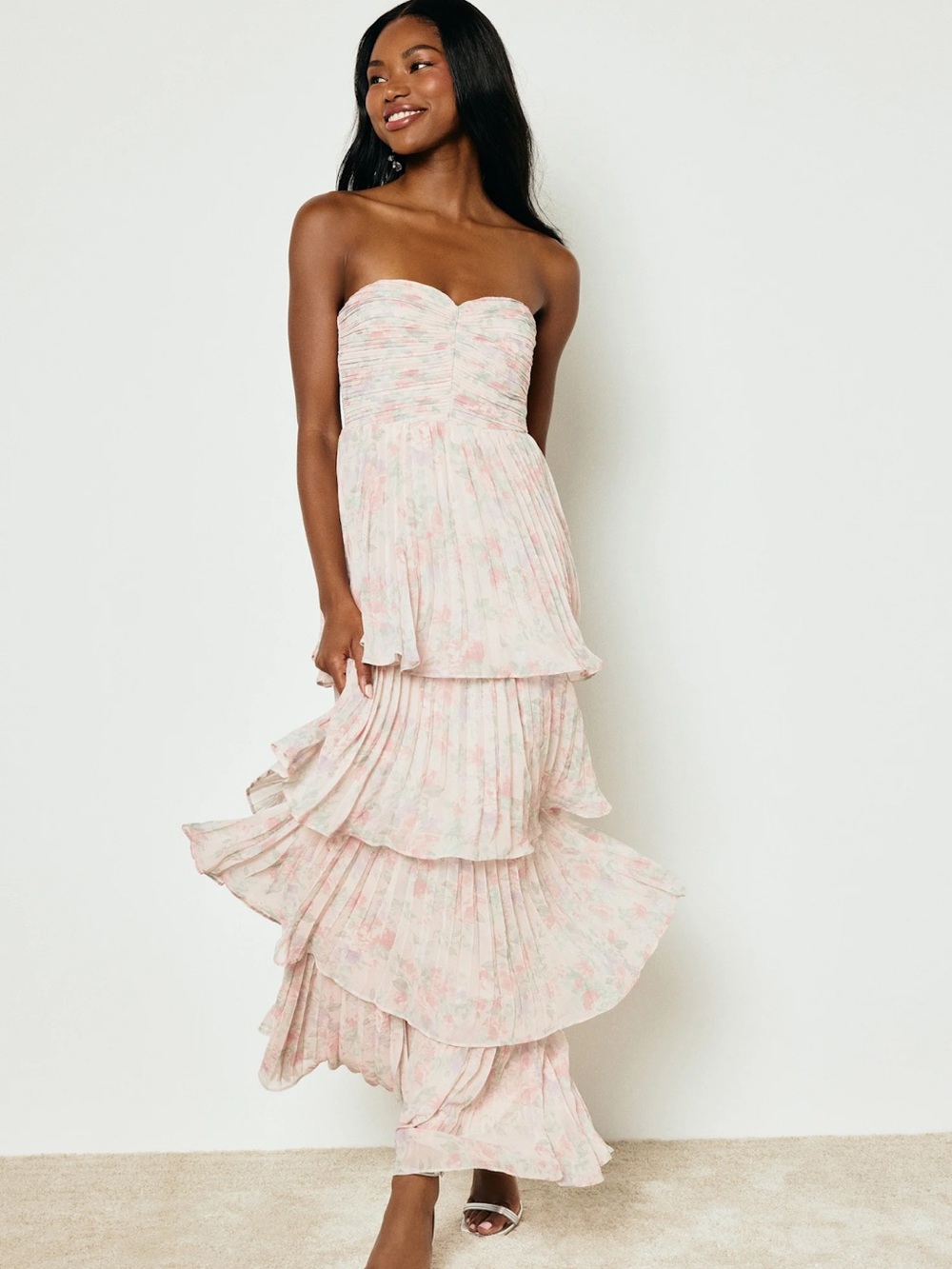 Pink & White Floral Tiered Maxi Dress